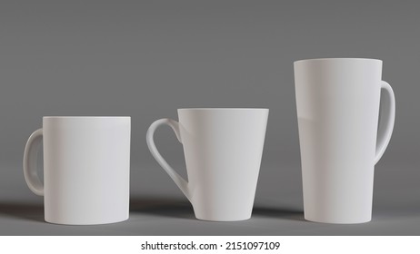 Small, Medium And Big Mugs Mockup. 3D Render, Grey Background.