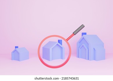 Small, Medium, Large House Models, Comparing Each Size House, Magnifying Glass, House Models Put On Pink Background, 3D Render