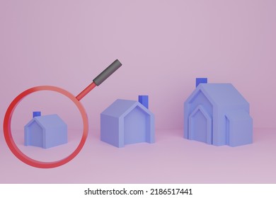 Small, Medium, Large House Models, Comparing Each Size House, Magnifying Glass, House Models Put On Pink Background, 3D Render