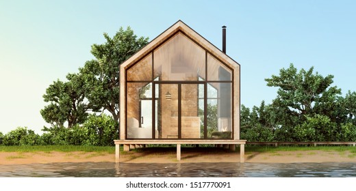 A small minimalist modern house in Scandinavian style with large panoramic Windows and wood trim on the waterfront. 3D illustration.