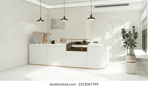 Small modern Korean style design cafe, glossy ivory white round corner counter, cake display, professional espresso machine, bar table, stool by window for interior design decoration background 3D