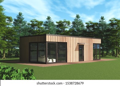 Small Modern Wooden House Or Bungalow (3D Rendering)