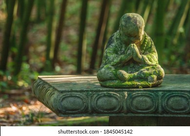 Small mossy statue of Buddha, seated on a stone bench in a garden, head bowed over templed hands in meditation, illuminated by morning sunlight, with digital oil-painting effect. 3D rendering. - Powered by Shutterstock