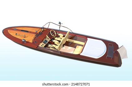 Small Motorboat With Fiberglass Hull And Mahogany Deck. 3d Rendering