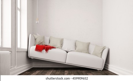 Small Narrow Living Room With Space Problems And A Sofa Between Walls (3D Rendering)