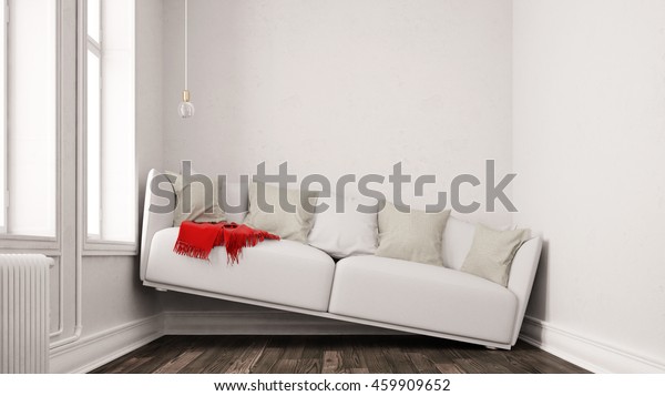 Small narrow living room with space problems\
and a sofa between walls (3D\
Rendering)