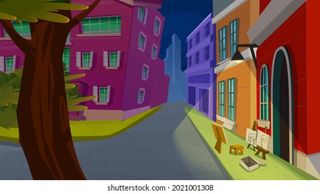 Small Neighborhood At Night, Street Lights, Someone's Painting Tools Placed In Front Of The House. Night Cityscape, Houses, Buildings. Art, Cartoon, Illustration, Background