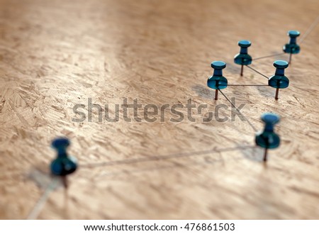 Small network of pins (Thumbtack). Background suggesting a network of connections. Linking entities. 3D rendering