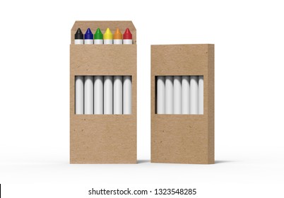 A Small Paper Box Of Crayons Color Mock Up Template Isolated On White Background, 3d Illustration. 