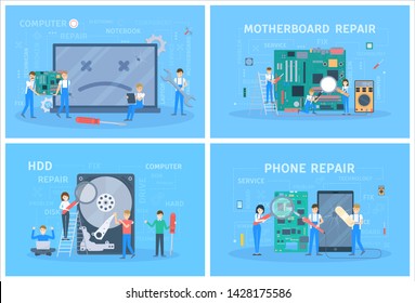 Small people repair a digital device set. Mobile phone and computer, motherboard fix. Technician with tool standing at broken smartphone. flat illustration - Powered by Shutterstock