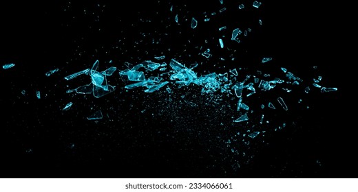 Small pieces of broken blue glass isolated on black background. Texture of broken glass. Isolated realistic cracked glass effect. Template for design. Black and white illustration. 3D rendering  - Shutterstock ID 2334066061