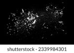 Small pieces of broken glass isolated on black background. Texture of broken glass. Isolated realistic cracked glass effect. Template for design. Black and white illustration. 3D rendering 