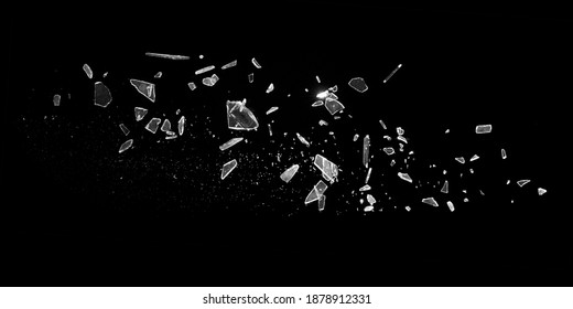 Small pieces of broken glass isolated on black background. Texture of broken glass. Isolated realistic cracked glass effect. Template for design. Black and white illustration. 3D rendering 