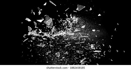 Small Pieces Of Broken Glass Isolated On Black Background. Texture Of Broken Glass. Isolated Realistic Cracked Glass Effect. Template For Design. Black And White Illustration. 3D Rendering 