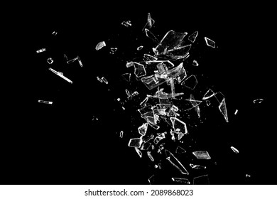 Small Pieces Of Broken Glass Isolated On Black Background. Texture Of Broken Glass. Isolated Realistic Cracked Glass Effect. Template For Design. Black And White Illustration. 3D Rendering 