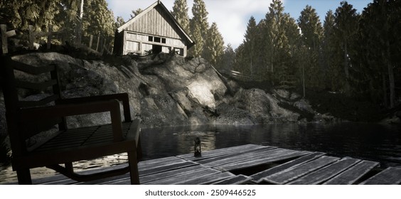 A small pier with a rocking chair in front of a lake and an abandoned cabin under the light of the sun - Powered by Shutterstock