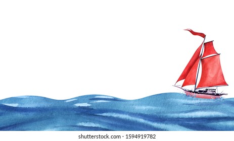 Small Pink Abstract Sailing Yacht With Red Sails And A Red Waving Flag. Sailing Among The Ocean Waves And Spray. Boat At Sea. Hand Drawn Watercolor Illustration. Isolated