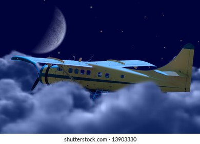 A small plane flying above the clouds at night, symbolizing freedom
