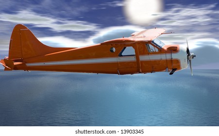A small plane flying high in the sky with the sun in the background
