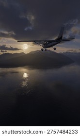 A small plane soars over a mountain lake at moonlit sunset with cloud reflections and dramatic light; 3d Rendering