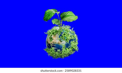 A small plant grows atop a globe, symbolizing nature and sustainability. Green leaves and vines cover the Earth, highlighting environmental themes. Isolated element.