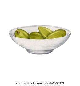 A small porcelain plate with green olives. Appretizer serving bowl. Tapas food Hand drawn watercolor illustration isolated on white background. Catering food design elements for logo, card, invitation - Powered by Shutterstock