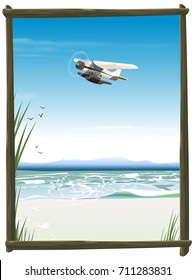 Small prop plane flying high above a white sandy beach during the day.
