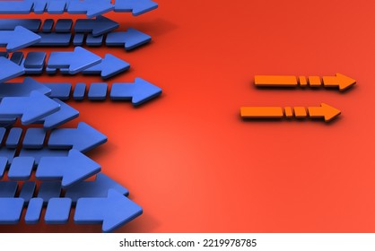 A Small Red Arrow Fleeing East. A Large Army Of Blue Arrows Chasing And Driving It Away. Counterattack And Recapture, Rout And Retreat. 3D Rendering.