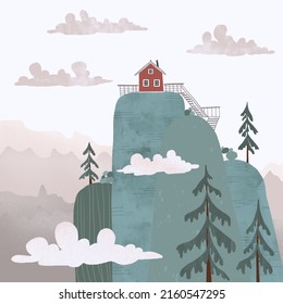 A small red house in the clouds on top of a high mountain.