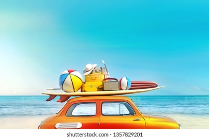 Mica masina retro cu bagaje si bagaje pe acoperis, complet ambalate, gata pentru vacanta de vara, concept de o excursie cu familia si prietenii, destinatie de vis, culori vii, randare 3d