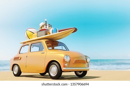 Small retro car with baggage, luggage and beach equipment on the roof, fully packed, ready for summer vacation, concept of a road trip with family and friends, vivid colors, 3d rendering - Powered by Shutterstock