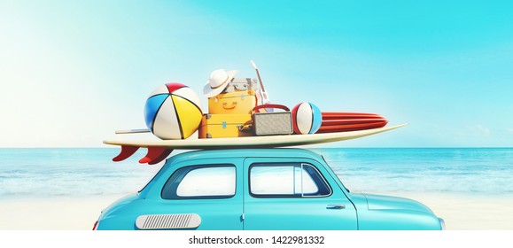 Small retro car with baggage, luggage and beach equipment on the roof, fully packed, ready for summer vacation, concept of a road trip with family and friends, dream destination, 3d rendering - Powered by Shutterstock