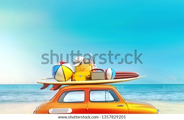 Small retro car with baggage and luggage on the\
roof, fully packed, ready for summer vacation, concept of a road\
trip with family and friends, dream destination, vivid colors, 3d\
rendering