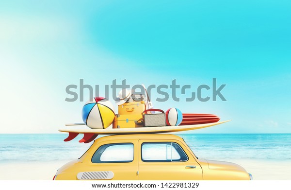 Small retro car with baggage, luggage and beach\
equipment on the roof, fully packed, ready for summer vacation,\
concept of a road trip with family and friends, dream destination,\
3d rendering