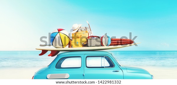Small retro car with baggage, luggage and beach\
equipment on the roof, fully packed, ready for summer vacation,\
concept of a road trip with family and friends, dream destination,\
3d rendering