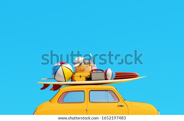 Small retro car with\
baggage, luggage and beach equipment on the roof, ready for summer\
vacation, concept of a road trip, blue background and bright yellow\
car, 3d render