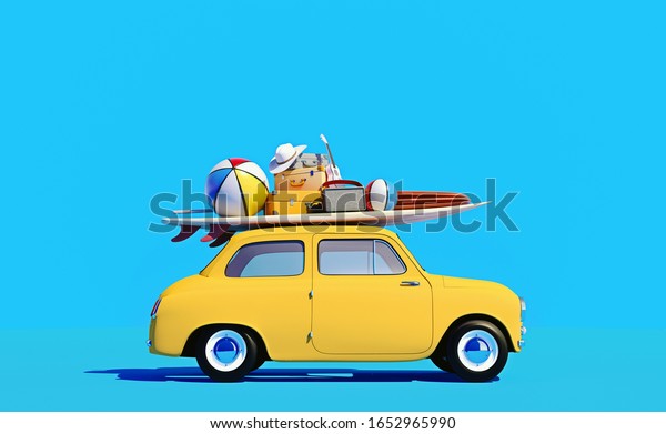 Small retro\
car with baggage, luggage and beach equipment on the roof, ready\
for summer vacation, cartoon concept of a road trip, blue\
background and bright yellow car, 3d\
render