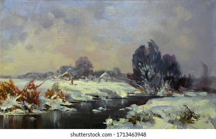 Small River With Snowy Banks On A Beautiful Winter Morning,oil Painting, Fine Art, Winter, Sky, Tree, Landscape, River, Water, Nature