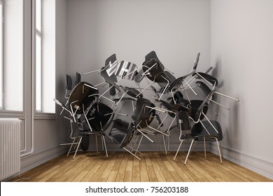 Small room with many chairs in disorder as chaos narrowness concept (3D Rendering)