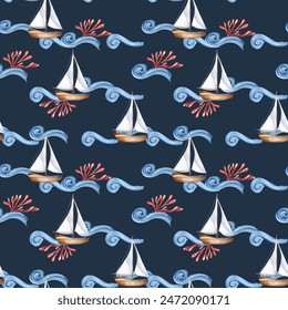 Small sailboats on blue waves with red coral accents in watercolor seamless pattern. Marine design for textile, packaging, cover. Sailing boat in cute style on pattern. Childhood nautical background - Powered by Shutterstock