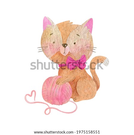 A small and serious orange cat plays with a ball of pink threads. Watercolor illustration with a pet. Cat in cartoon style.