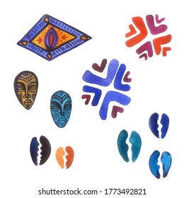 Small Set Of African Traditional Ornamental Elements. Isolated Elements On White Background. Watercolor Illustration