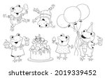 Small set of cute frogs having a party. Character design. Coloring page. Illustration for children. Cute and funny cartoon characters isolated on white background
