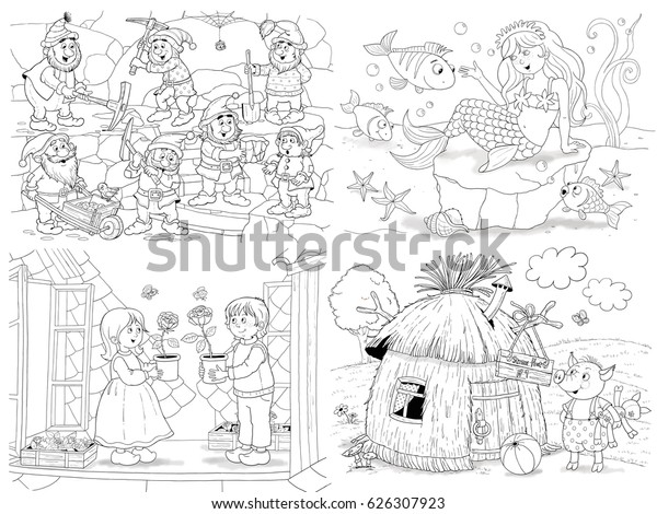 おとぎ話のイラストの小さなセット 白雪姫と七人のこびとは シンデレラ カエルの王子 3匹の小さな豚 カラーリングページ 子ども向けのイラスト かわいくて面白い漫画のキャラクター のイラスト素材