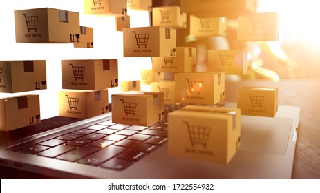 Small shipping packages on a notebook with the inscription Online Shopping. 3d illustration. - Powered by Shutterstock