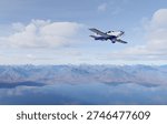 Small single-engine airplane soars above a mountain range and reflective lake under blue skies — 3D Rendering