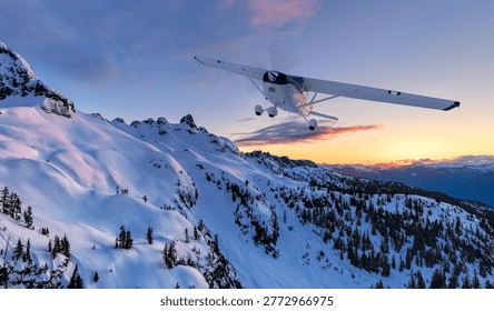 Small single-engine plane flies over snowy alpine ridges at sunset for a dramatic aerial winter landscape; 3d Rendering, Background BC Canada.