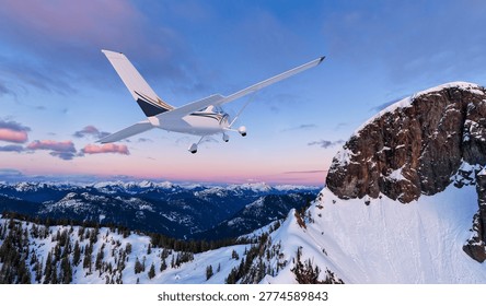 Small single-engine plane flying over snowy mountain peaks at sunset, serene aerial adventure — 3d Rendering, Background BC Canada