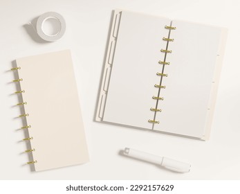 Small sized discbound planner mockup with blank cover and open notebook with copy space for design presentation. White stationery, washi tape. Top view flatlay as a realistic 3d rendering. - Powered by Shutterstock