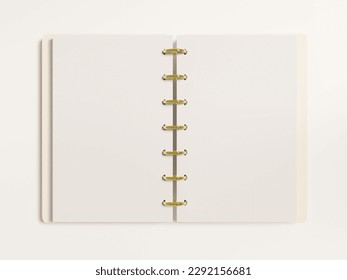 Small sized open discbound planner mockup on desk as a top view flatlay as a 3d rendering.